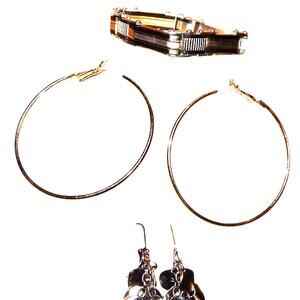 7.5" Vintage Foss Stainless Steel Two Tone Long Link Bracelet 2 Set Earrings Lot